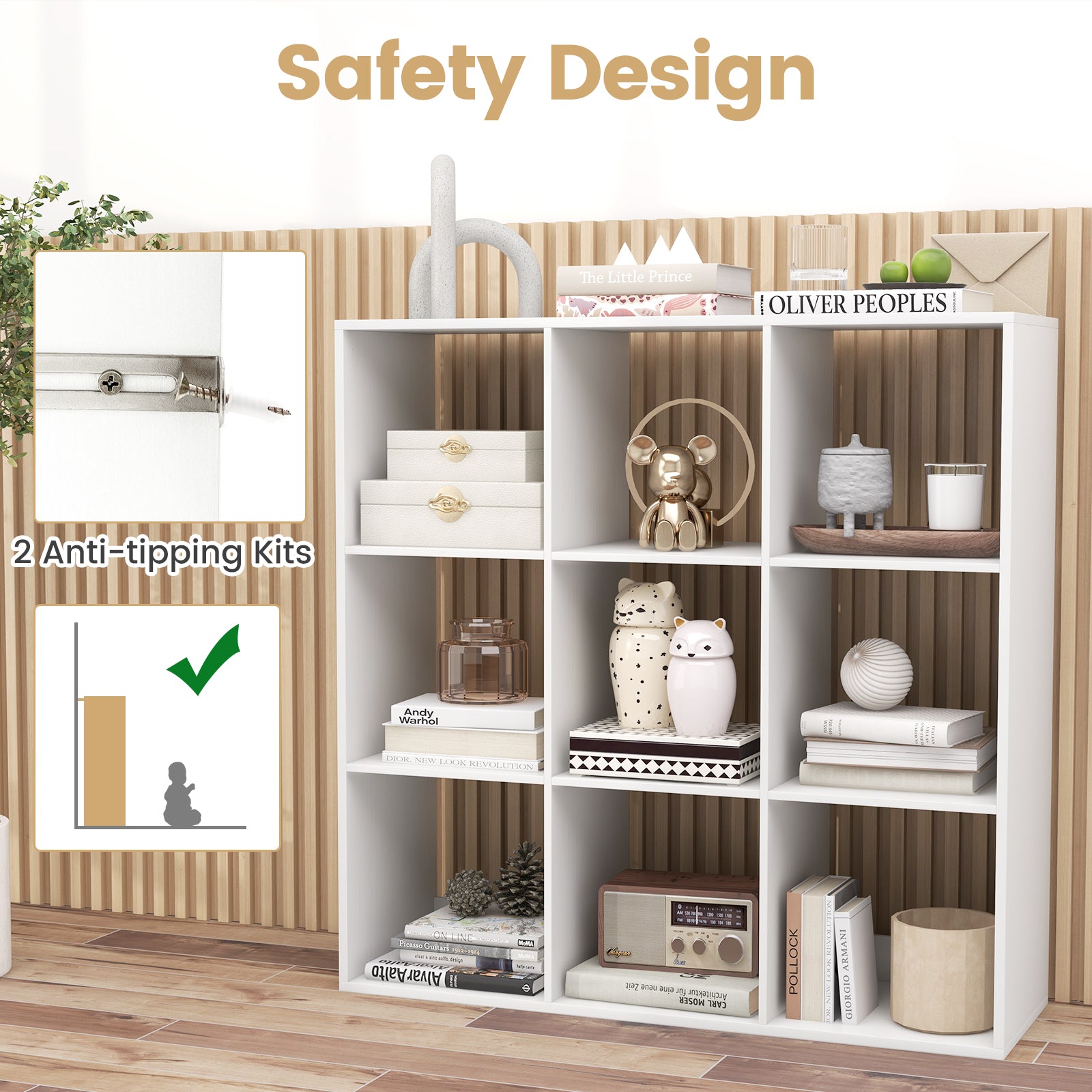 9-Cube Bookshelf Modern Cubby Bookcase with Back Guardrail and Anti-tipping Kits-White