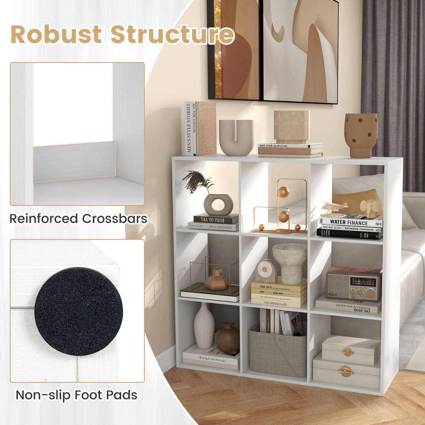 9-Cube Bookshelf Modern Cubby Bookcase with Back Guardrail and Anti-tipping Kits-White