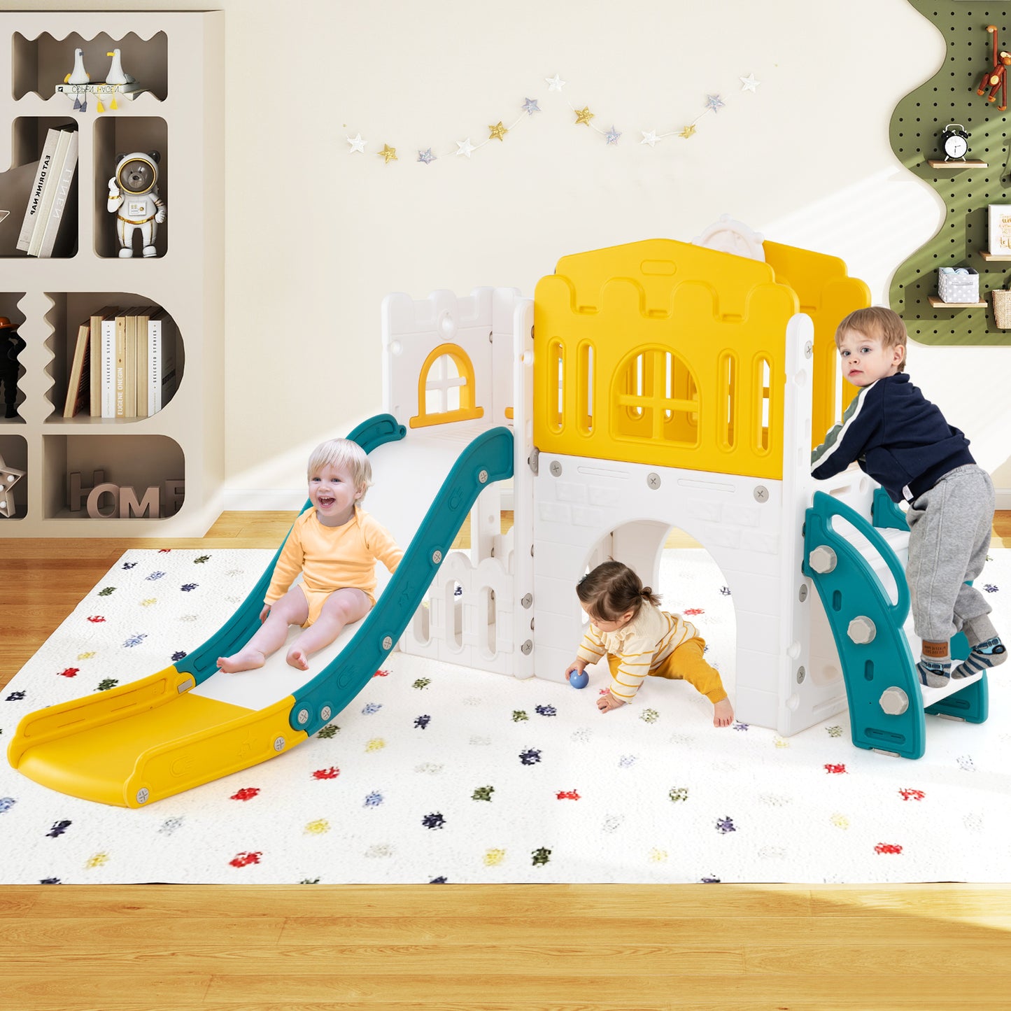 9 in 1 Baby Indoor Playground Slide and Climber Playset for Kids-Yellow and Green