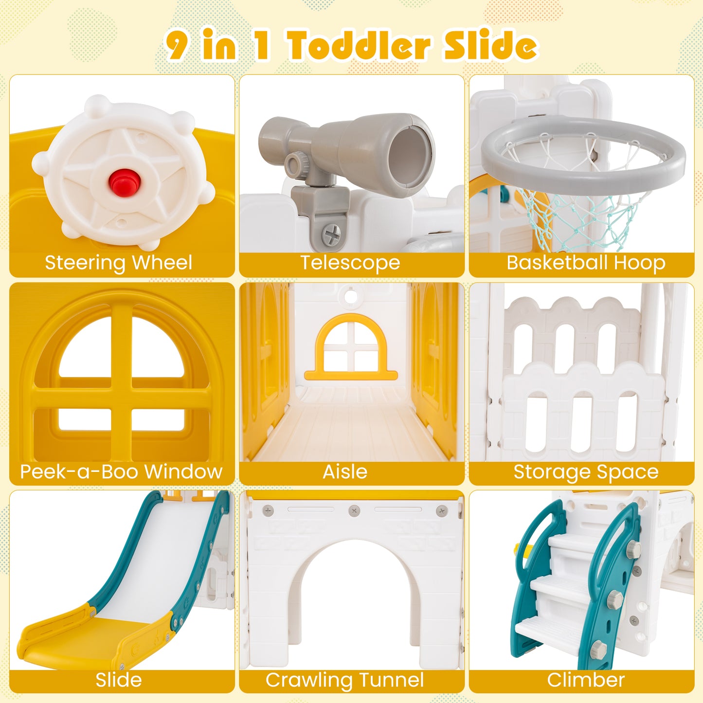 9 in 1 Baby Indoor Playground Slide and Climber Playset for Kids-Yellow and Green