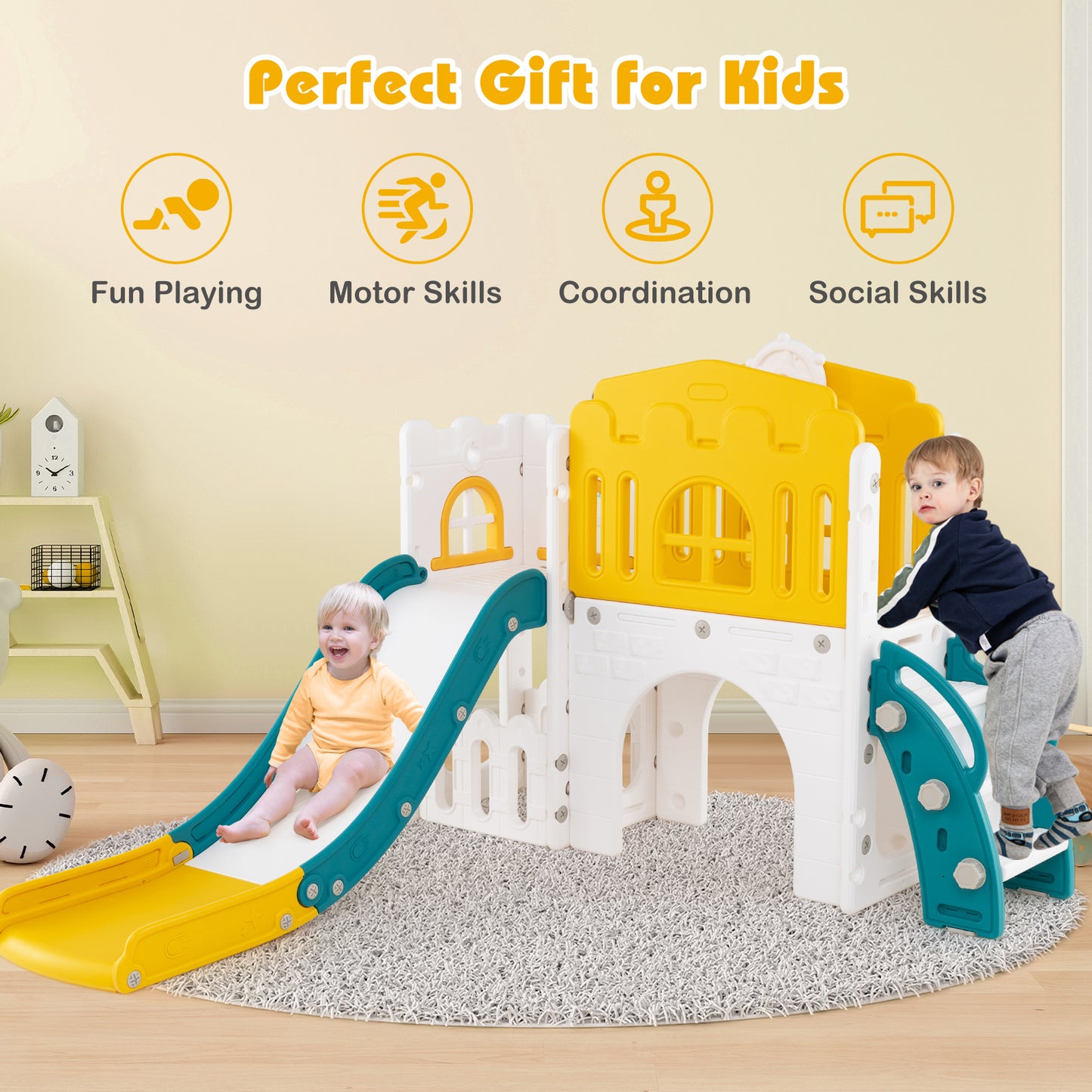 9 in 1 Baby Indoor Playground Slide and Climber Playset for Kids-Yellow and Green