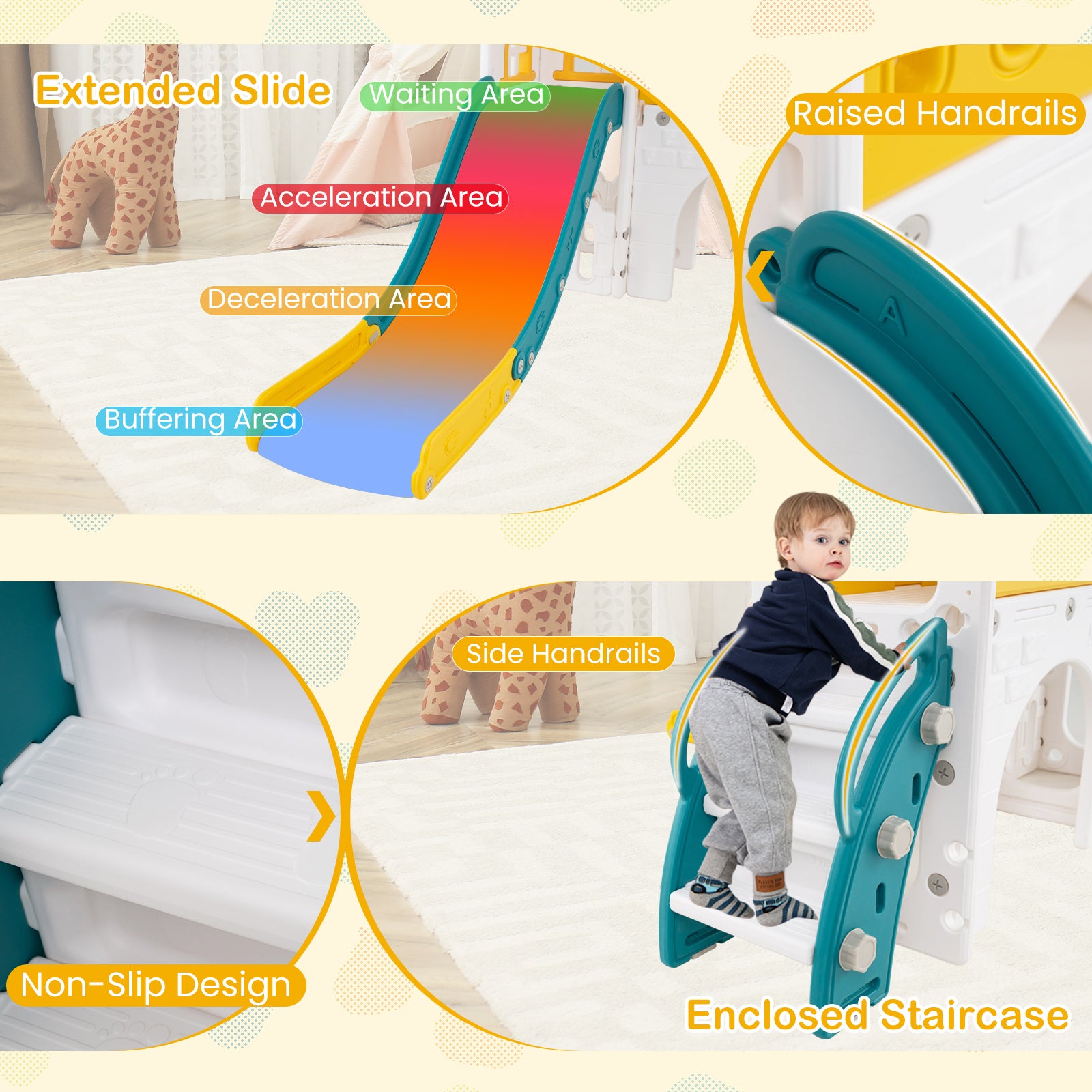 9 in 1 Baby Indoor Playground Slide and Climber Playset for Kids-Yellow and Green