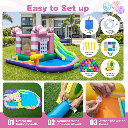 9-in-1 Sweet Candy Inflatable Water Slide Bounce House with Slide (with Blower)