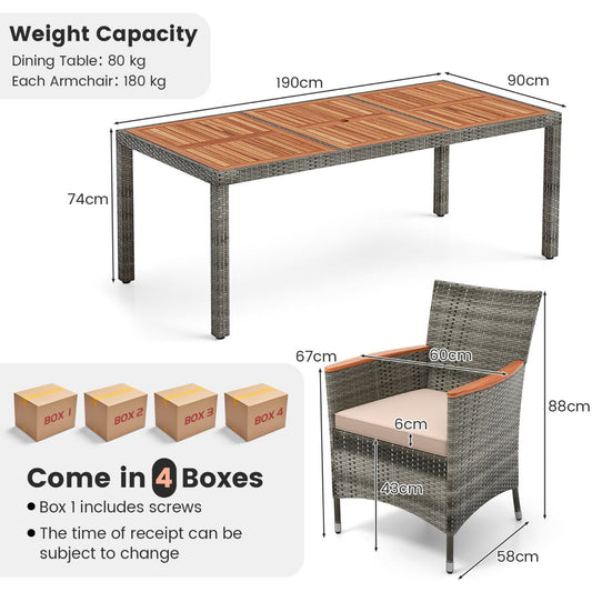 9-piece acacia wood and PE rattan outdoor dining set with eight cushioned armchairs