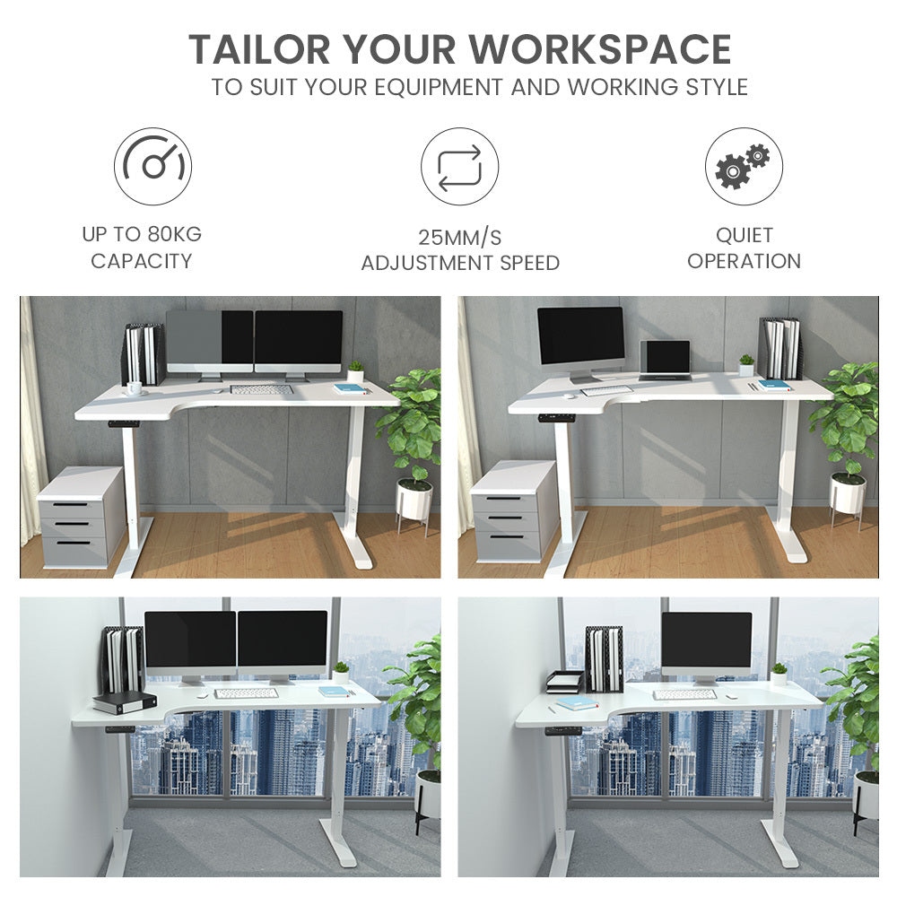 L-Shaped Dual Motor Adjustable Sit-Stand Desk, 1.45m Wide, 80kg Load Capacity