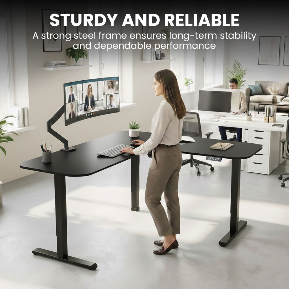 Corner Standing Desk, 160x140cm, 72-118cm Sit to Stand Up Electric Height Adjustable, Black