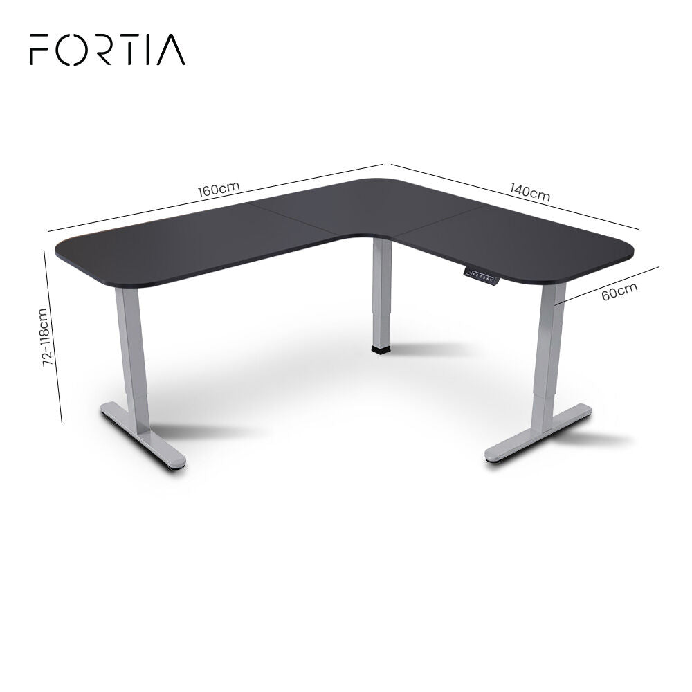 Corner Standing Desk, 160x140cm, 72-118cm Sit to Stand Up Electric Height Adjustable, Black Desktop/Silver Frame