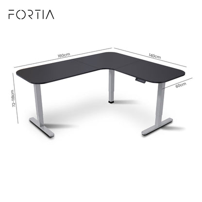 Corner Standing Desk, 160x140cm, 72-118cm Sit to Stand Up Electric Height Adjustable, Black Desktop/Silver Frame