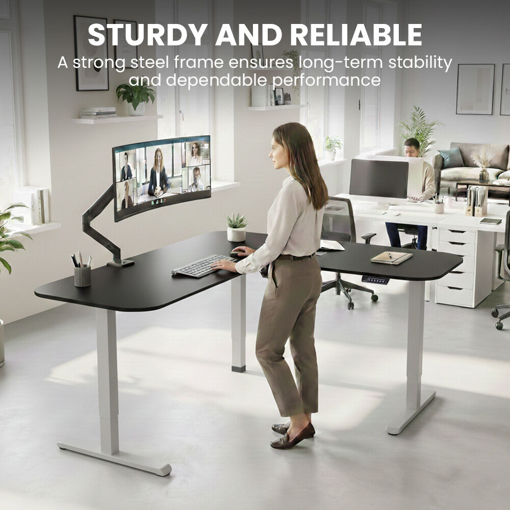 Corner Standing Desk, 160x140cm, 72-118cm Sit to Stand Up Electric Height Adjustable, Black Desktop/Silver Frame