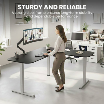 Corner Standing Desk, 160x140cm, 72-118cm Sit to Stand Up Electric Height Adjustable, Black Desktop/Silver Frame