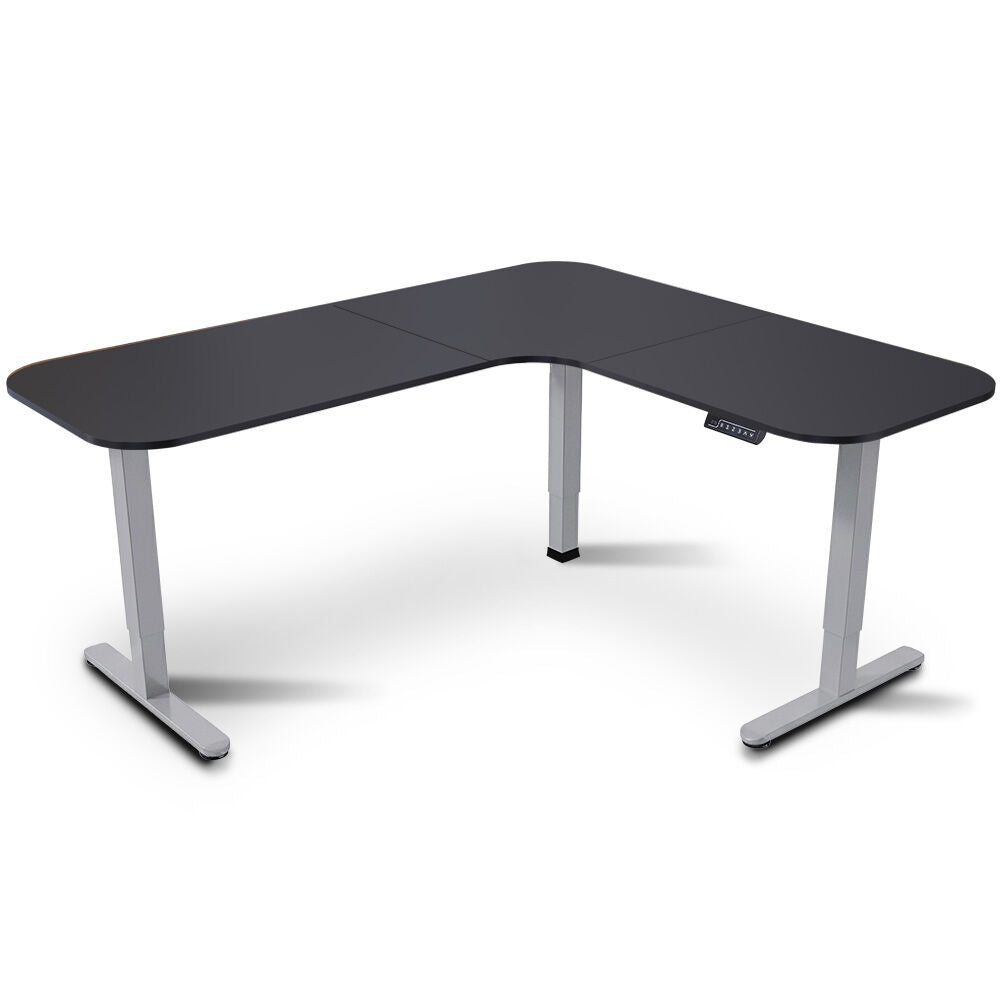 Corner Standing Desk, 160x140cm, 72-118cm Sit to Stand Up Electric Height Adjustable, Black Desktop/Silver Frame
