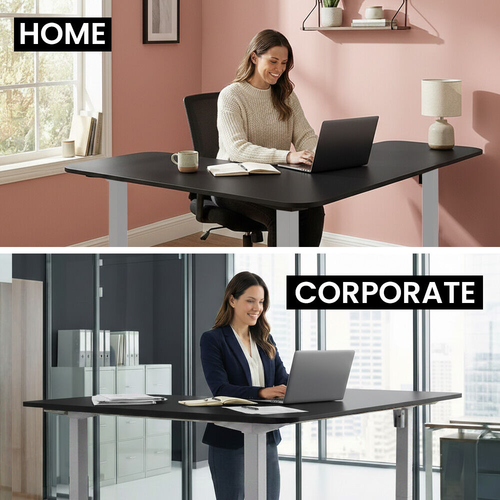 Corner Standing Desk, 160x140cm, 72-118cm Sit to Stand Up Electric Height Adjustable, Black Desktop/Silver Frame
