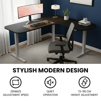 Corner Standing Desk, 160x140cm, 72-118cm Sit to Stand Up Electric Height Adjustable, Black Desktop/Silver Frame
