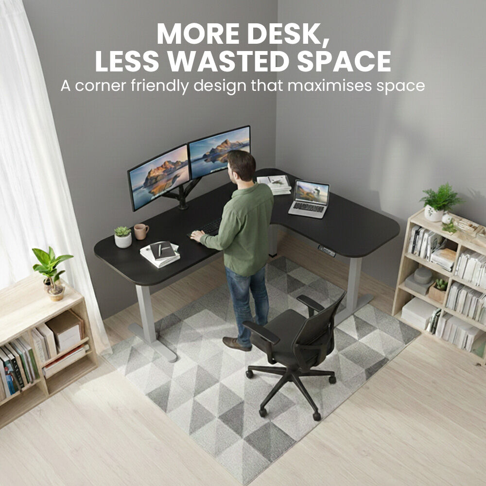 Corner Standing Desk, 160x140cm, 72-118cm Sit to Stand Up Electric Height Adjustable, Black Desktop/Silver Frame