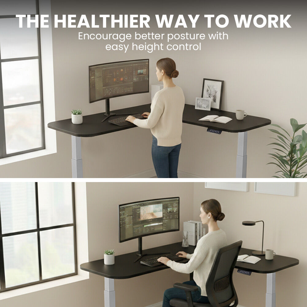 Corner Standing Desk, 160x140cm, 72-118cm Sit to Stand Up Electric Height Adjustable, Black Desktop/Silver Frame