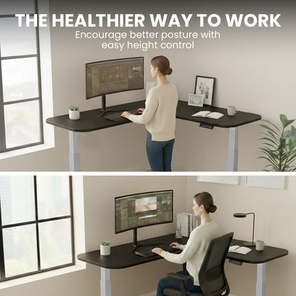 Corner Standing Desk, 160x140cm, 72-118cm Sit to Stand Up Electric Height Adjustable, Black Desktop/Silver Frame