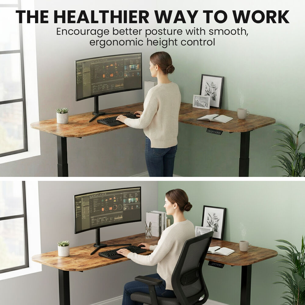 Corner Standing Desk, 160x140cm, 72-118cm Sit to Stand Up Electric Height Adjustable, Walnut Style Desktop/Black Frame