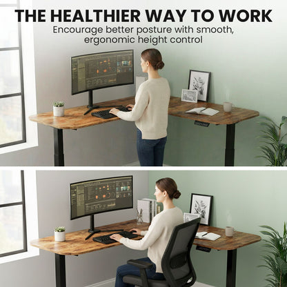 Corner Standing Desk, 160x140cm, 72-118cm Sit to Stand Up Electric Height Adjustable, Walnut Style Desktop/Black Frame