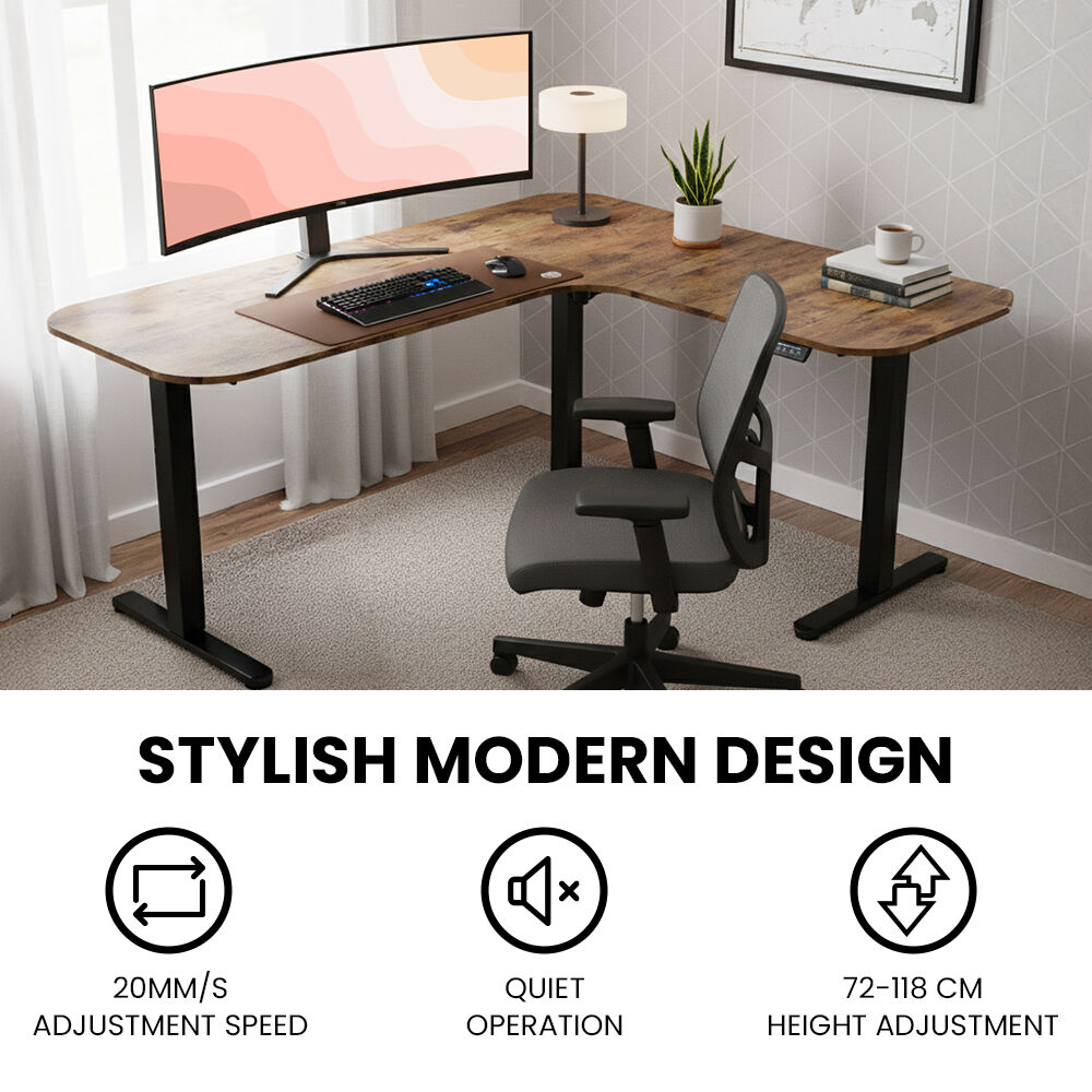 Corner Standing Desk, 160x140cm, 72-118cm Sit to Stand Up Electric Height Adjustable, Walnut Style Desktop/Black Frame