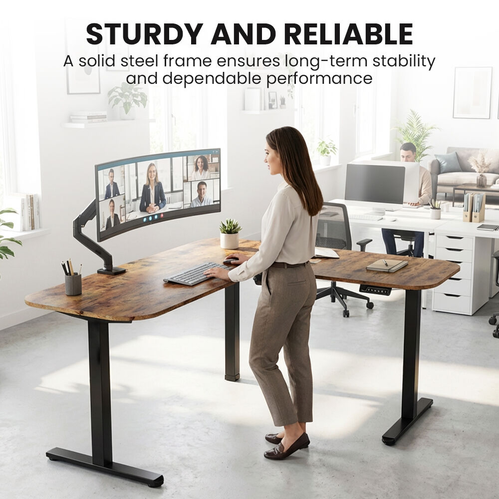 Corner Standing Desk, 160x140cm, 72-118cm Sit to Stand Up Electric Height Adjustable, Walnut Style Desktop/Black Frame