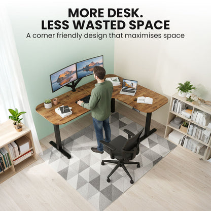 Corner Standing Desk, 160x140cm, 72-118cm Sit to Stand Up Electric Height Adjustable, Walnut Style Desktop/Black Frame