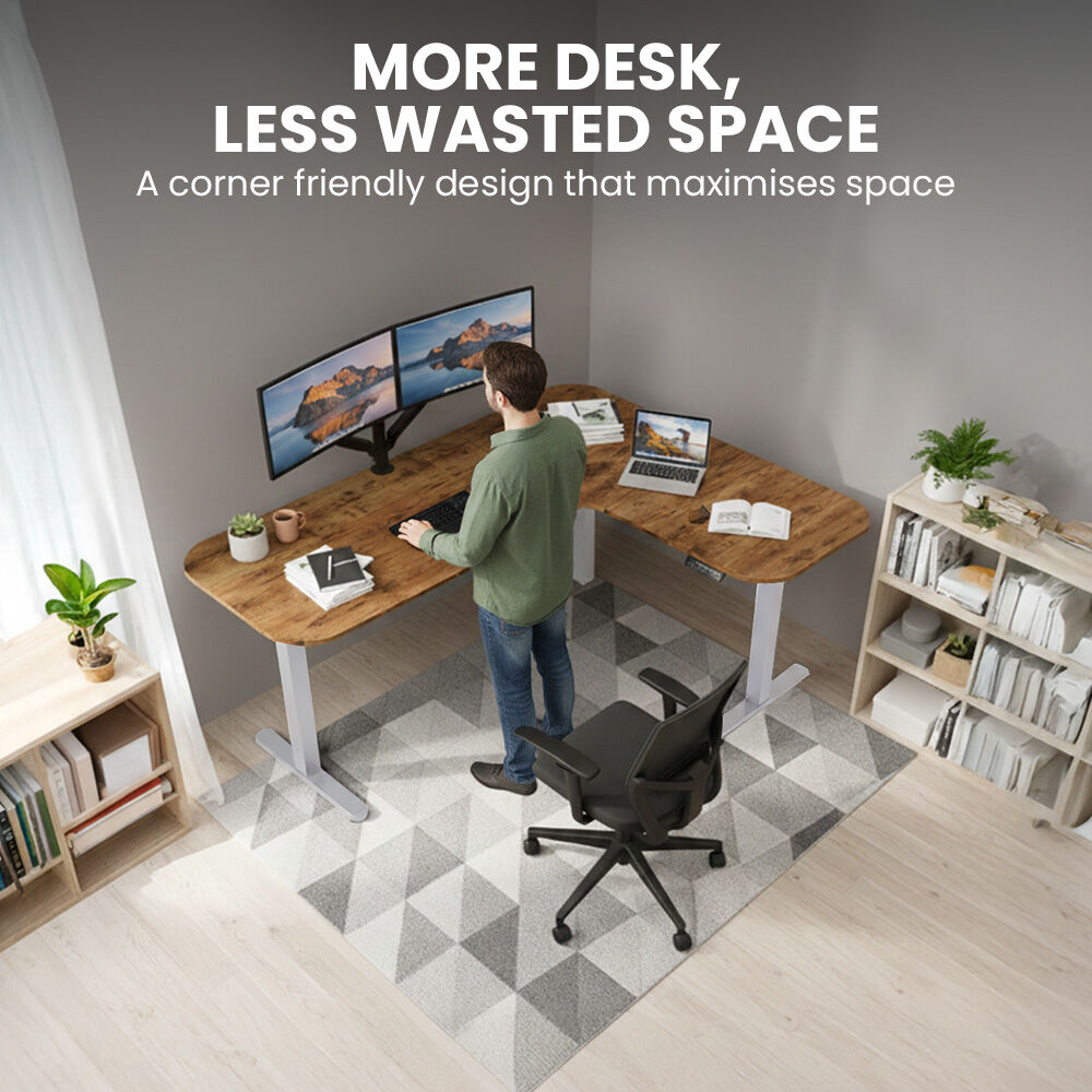 Corner Standing Desk, 160x140cm, 72-118cm Sit to Stand Up Electric Height Adjustable, Walnut Style Desktop/Silver Frame