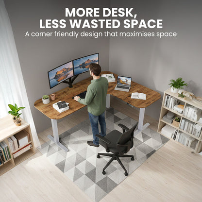 Corner Standing Desk, 160x140cm, 72-118cm Sit to Stand Up Electric Height Adjustable, Walnut Style Desktop/Silver Frame