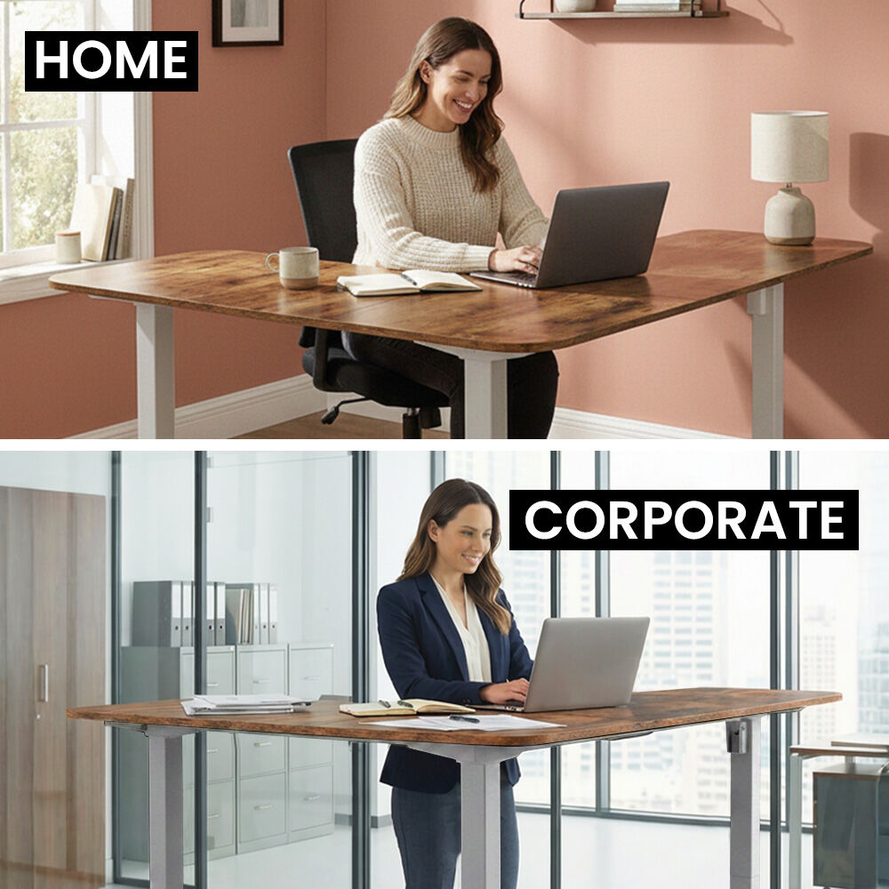 Corner Standing Desk, 160x140cm, 72-118cm Sit to Stand Up Electric Height Adjustable, Walnut Style Desktop/Silver Frame