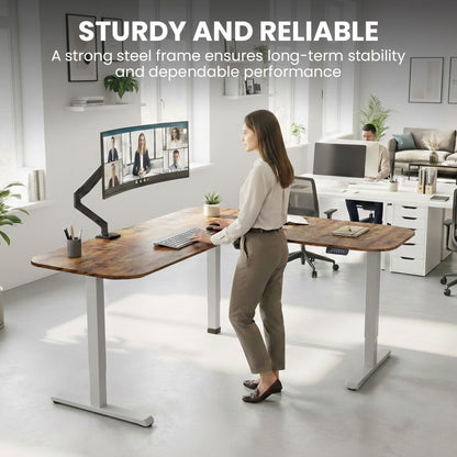 Corner Standing Desk, 160x140cm, 72-118cm Sit to Stand Up Electric Height Adjustable, Walnut Style Desktop/Silver Frame