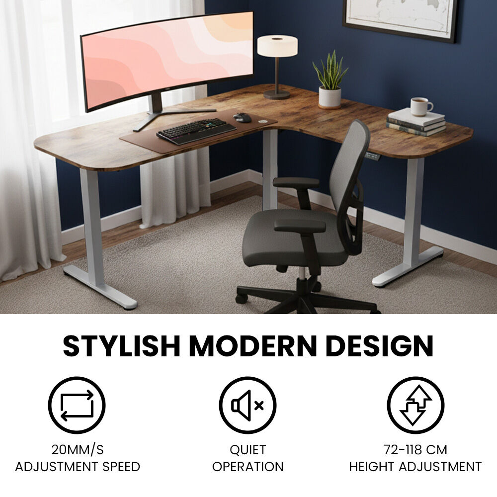 Corner Standing Desk, 160x140cm, 72-118cm Sit to Stand Up Electric Height Adjustable, Walnut Style Desktop/Silver Frame