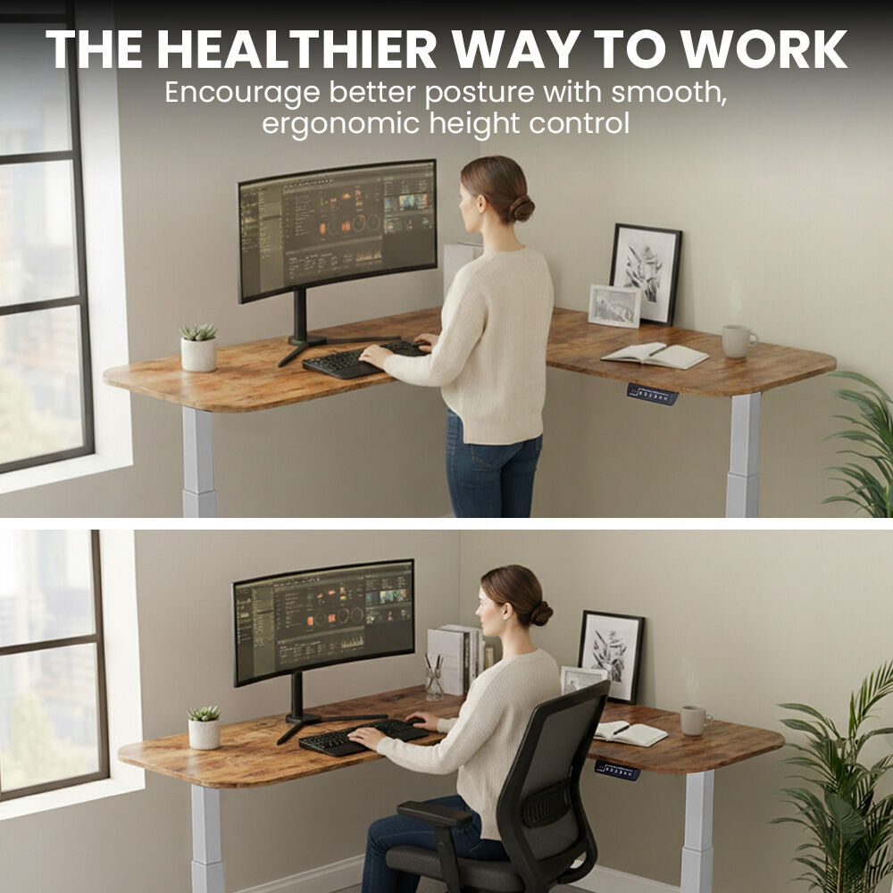 Corner Standing Desk, 160x140cm, 72-118cm Sit to Stand Up Electric Height Adjustable, Walnut Style Desktop/Silver Frame