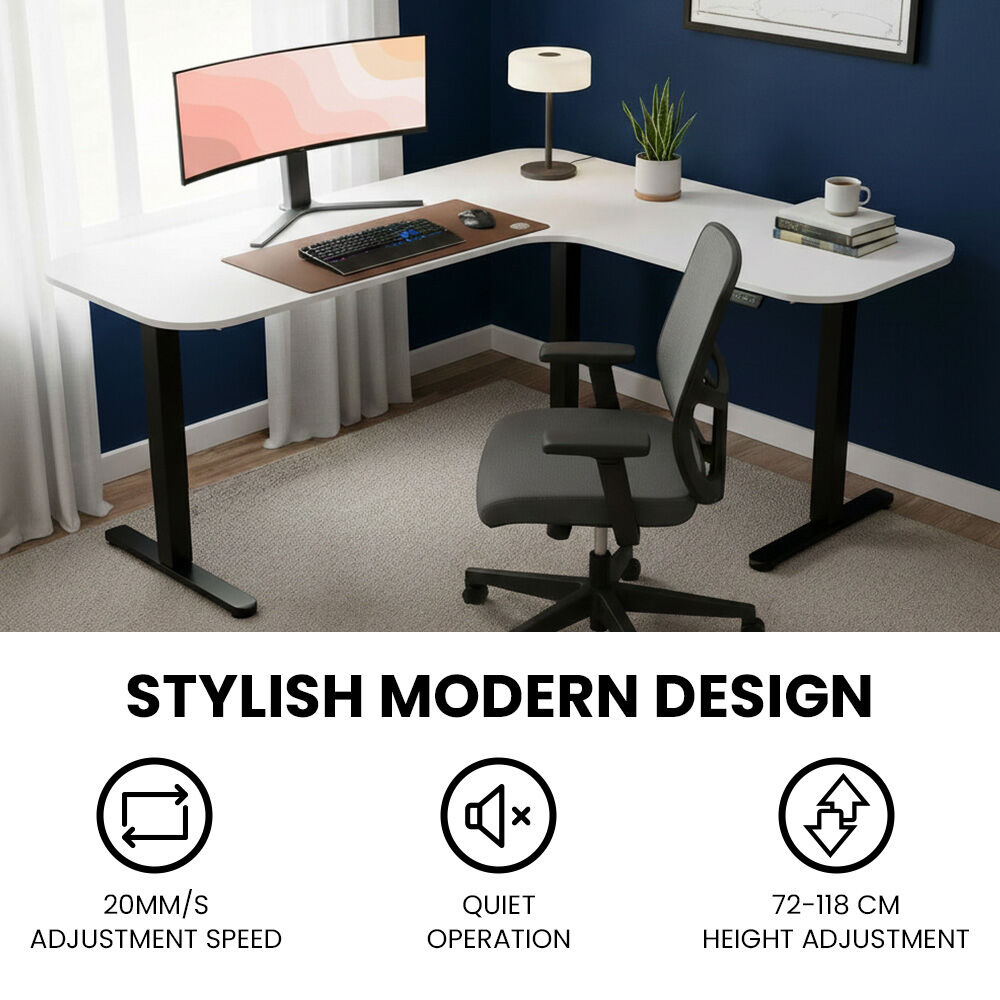 Corner Standing Desk, 160x140cm, 72-118cm Sit to Stand Up Electric Height Adjustable, White Desktop/Black Frame