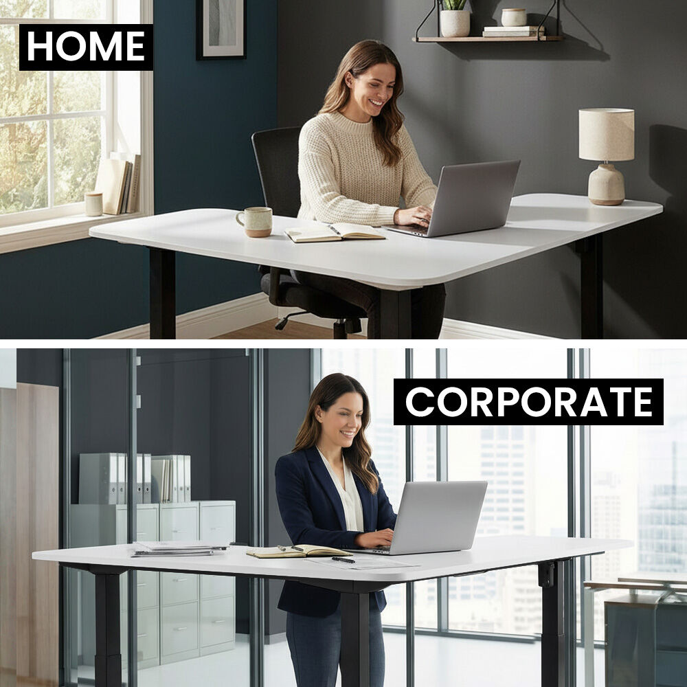 Corner Standing Desk, 160x140cm, 72-118cm Sit to Stand Up Electric Height Adjustable, White Desktop/Black Frame