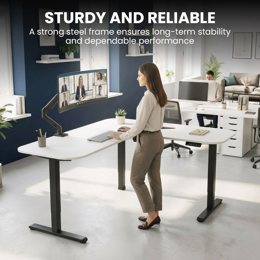 Corner Standing Desk, 160x140cm, 72-118cm Sit to Stand Up Electric Height Adjustable, White Desktop/Black Frame