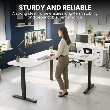 Corner Standing Desk, 160x140cm, 72-118cm Sit to Stand Up Electric Height Adjustable, White Desktop/Black Frame