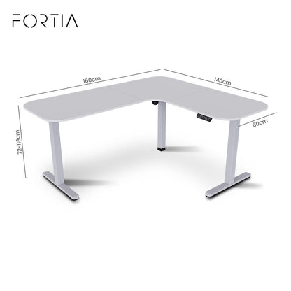 Corner Standing Desk, 160x140cm, 72-118cm Sit to Stand Up Electric Height Adjustable, White Desktop/Silver Frame