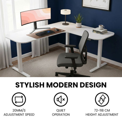 Corner Standing Desk, 160x140cm, 72-118cm Sit to Stand Up Electric Height Adjustable, White Desktop/Silver Frame