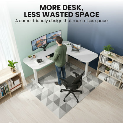 Corner Standing Desk, 160x140cm, 72-118cm Sit to Stand Up Electric Height Adjustable, White Desktop/Silver Frame