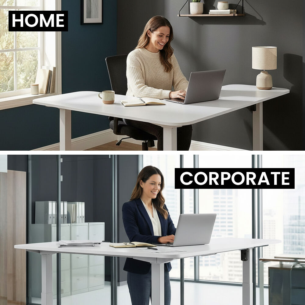Corner Standing Desk, 160x140cm, 72-118cm Sit to Stand Up Electric Height Adjustable, White Desktop/Silver Frame