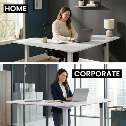 Corner Standing Desk, 160x140cm, 72-118cm Sit to Stand Up Electric Height Adjustable, White Desktop/Silver Frame