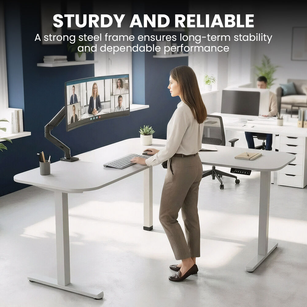 Corner Standing Desk, 160x140cm, 72-118cm Sit to Stand Up Electric Height Adjustable, White Desktop/Silver Frame