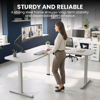 Corner Standing Desk, 160x140cm, 72-118cm Sit to Stand Up Electric Height Adjustable, White Desktop/Silver Frame