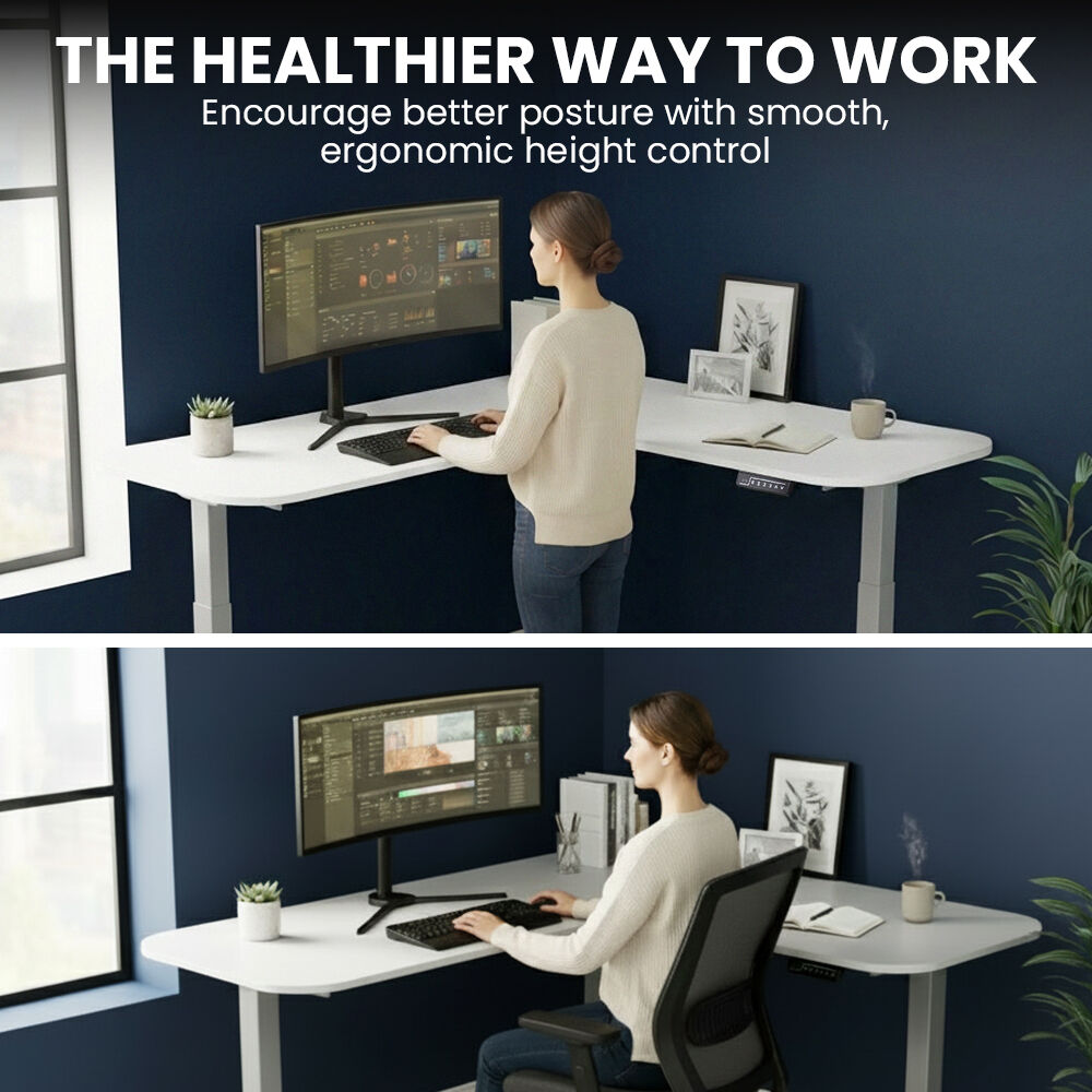Corner Standing Desk, 160x140cm, 72-118cm Sit to Stand Up Electric Height Adjustable, White Desktop/Silver Frame