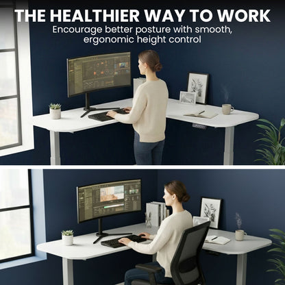 Corner Standing Desk, 160x140cm, 72-118cm Sit to Stand Up Electric Height Adjustable, White Desktop/Silver Frame
