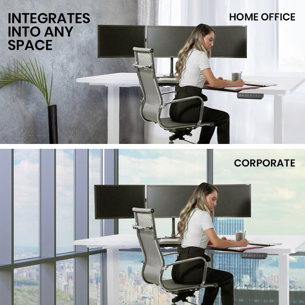 L-Shaped Dual Motor Height Adjustable Desk, 1.45m x 0.6m, 80kg Capacity - White
