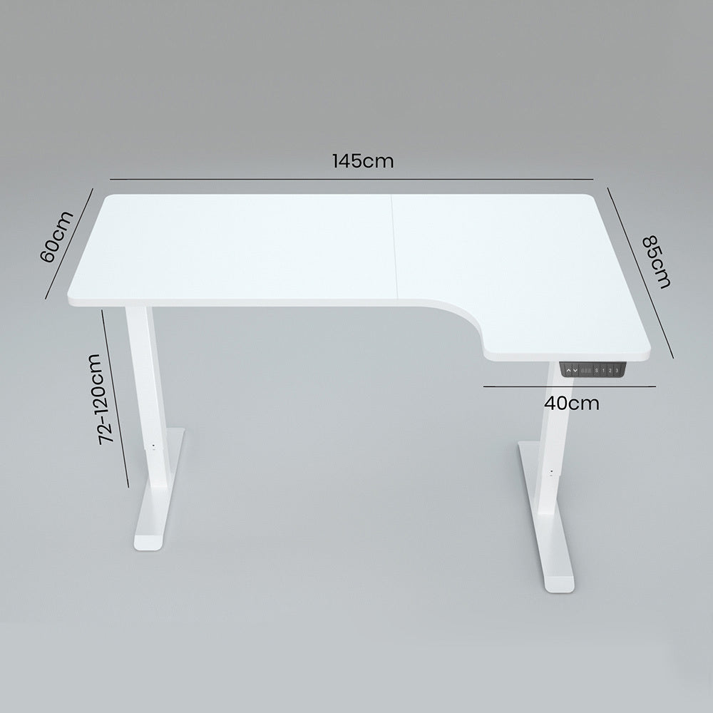 L-Shaped Dual Motor Height Adjustable Desk, 1.45m x 0.6m, 80kg Capacity - White