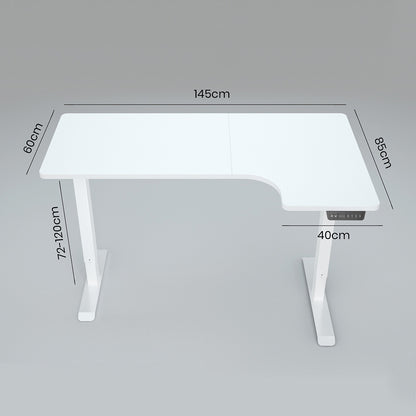 L-Shaped Dual Motor Height Adjustable Desk, 1.45m x 0.6m, 80kg Capacity - White