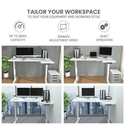 L-Shaped Dual Motor Height Adjustable Desk, 1.45m x 0.6m, 80kg Capacity - White
