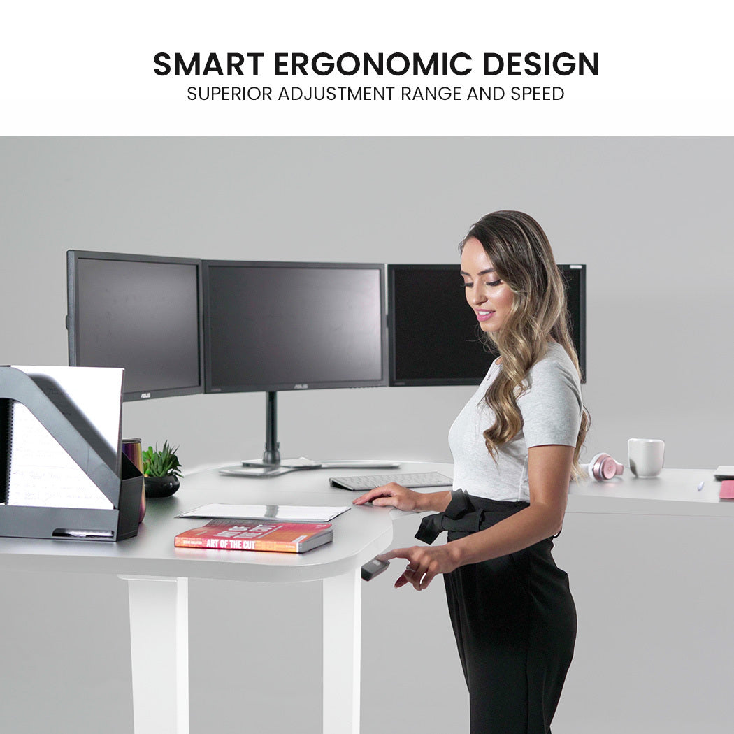 Adjustable Electric Sit-Stand Corner Desk, 3 Motors, 120kg Load, White Frame