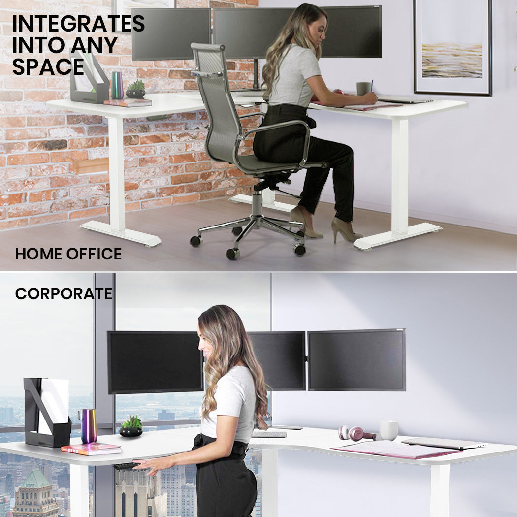 Adjustable Electric Sit-Stand Corner Desk, 3 Motors, 120kg Load, White Frame